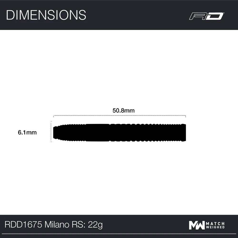 Dart dimensions info screen for Milano RS 0.2, model RDD1675, 22g match weighed tungsten darts
