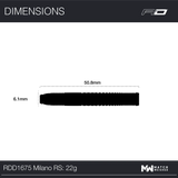 Dart dimensions info screen for Milano RS 0.2, model RDD1675, 22g match weighed tungsten darts