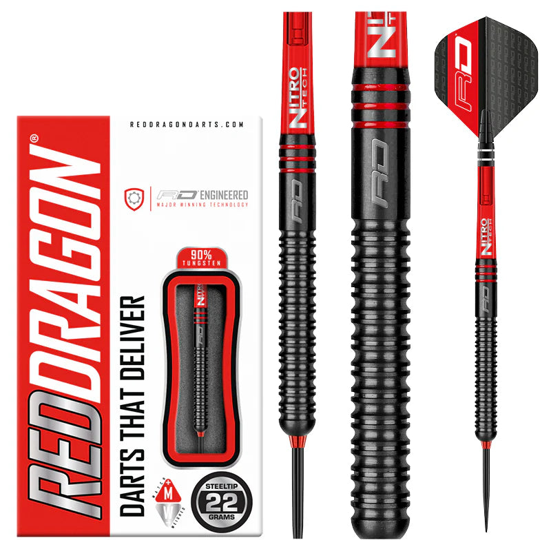 Steel tip tungsten darts set with boxed packaging, detailed barrel grip, red and black flight, and nitro tech stem design