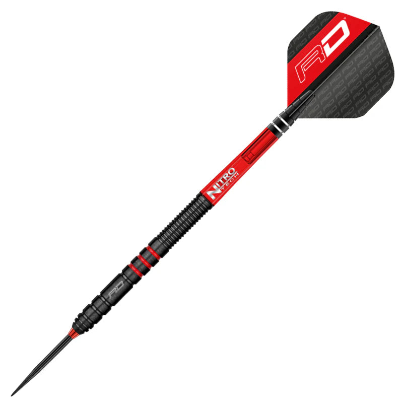 Full length angled view of 90% tungsten dart with black grooved barrel, red Nitro Tech shaft, and RD logo flight on white background