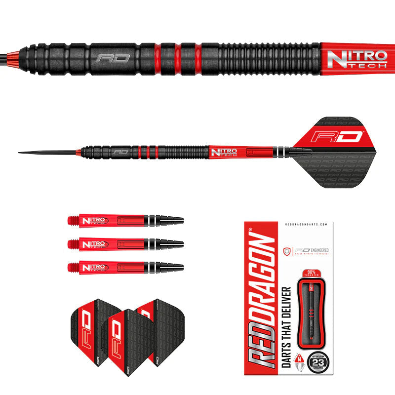 Milano RS 90% tungsten darts set shown with close-up barrel grip, full assembled dart, spare shafts, flights, and retail packaging on white background