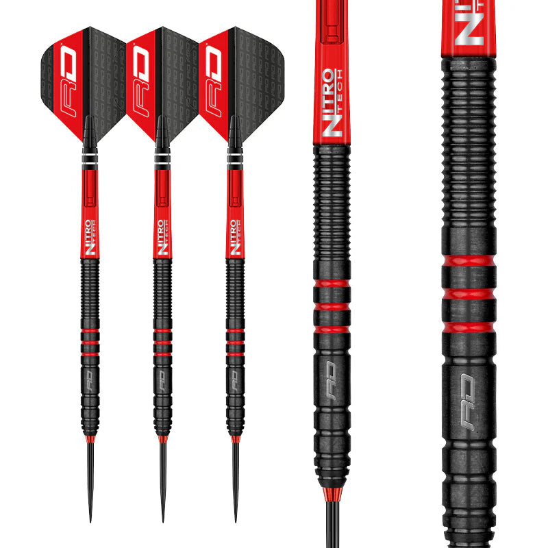 90 percent tungsten darts set with black and red flights, knurled slim barrels, and precision grip rings, close-up barrel detail