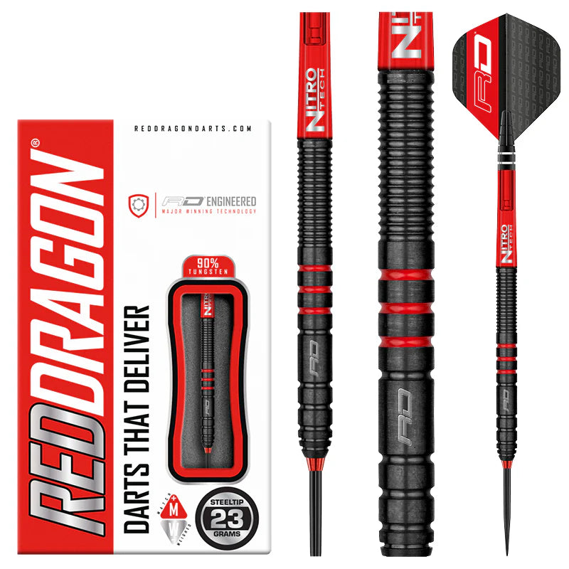 Steel tip tungsten darts on white background with packaging, detailed barrel grooves, red rings, and slimline grip for precision.