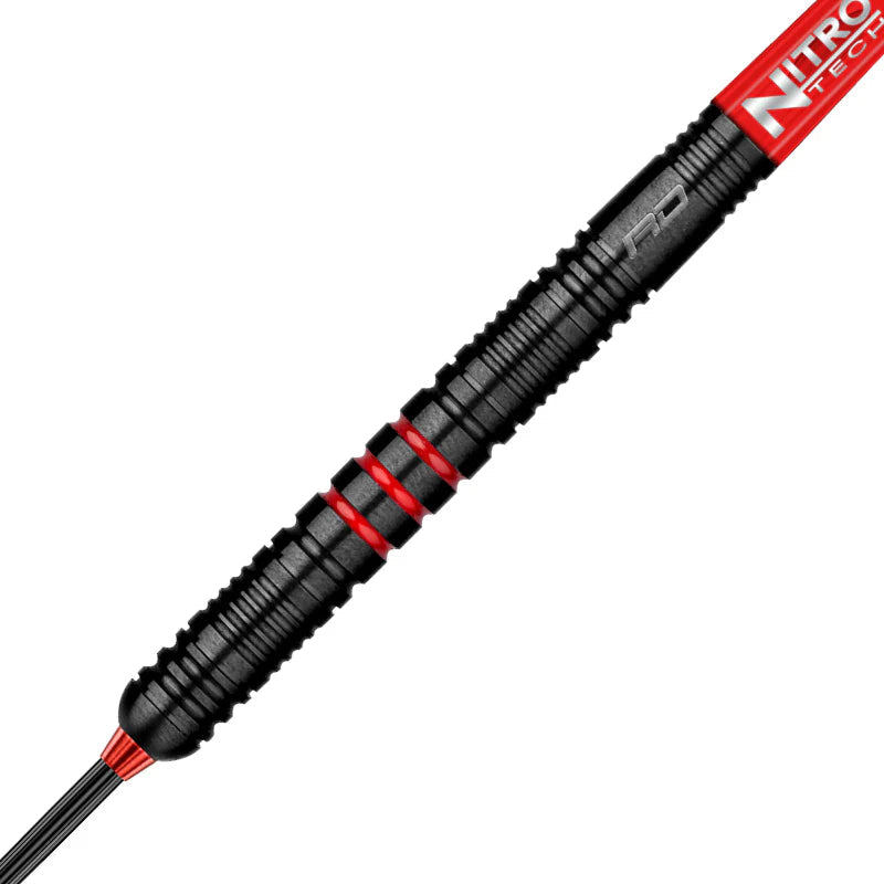 Close-up of 90% tungsten dart barrel with black and red ringed grip texture, precision-machined grooves, isolated on white background