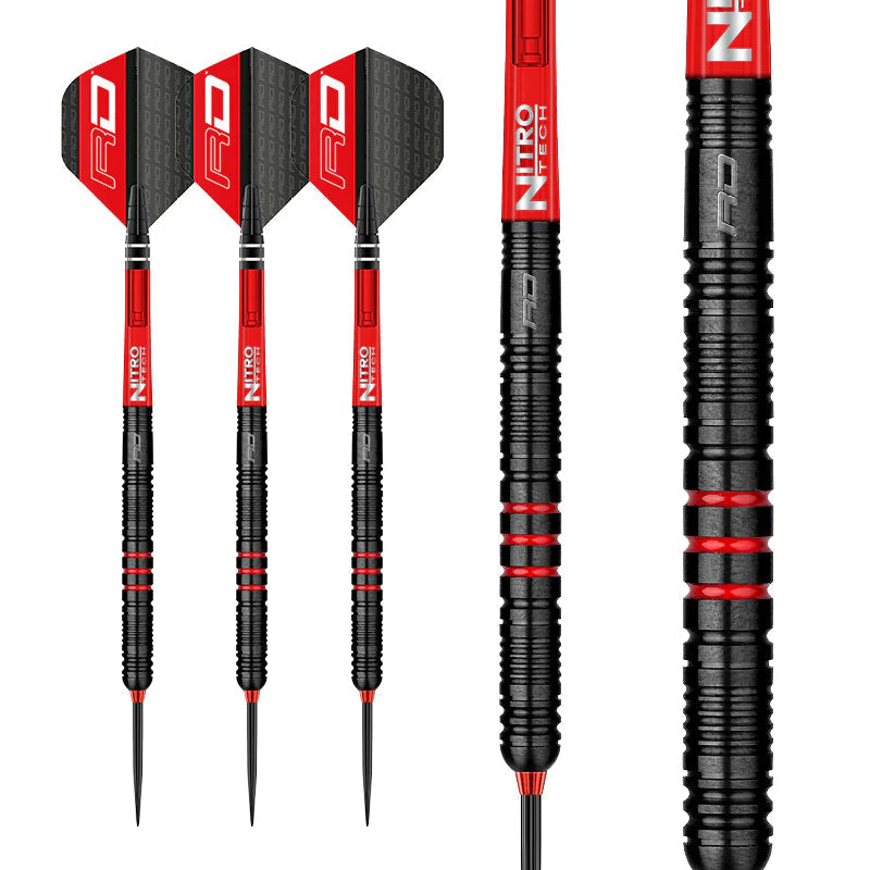 Steel tip tungsten darts set with black and red slimline barrels, grip texture, macro barrel detail, and RD flights