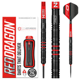 Milano RS 0.4 90% tungsten steeltip darts shown with packaging, close-up of black and red grooved barrels, and RD flights