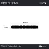 Dart dimensions title card for Milano RS 0.4 90% tungsten darts, 26g match weighed, no product image shown