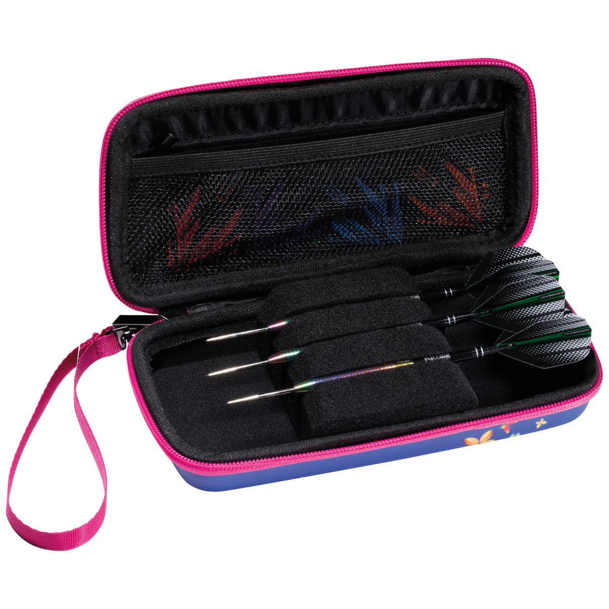 Open dart case with three assembled darts, foam slots, mesh pocket for flights, and vibrant pink trim for organized dart storage.