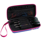 Open dart case with three assembled darts, foam slots, mesh pocket for flights, and vibrant pink trim for organized dart storage.