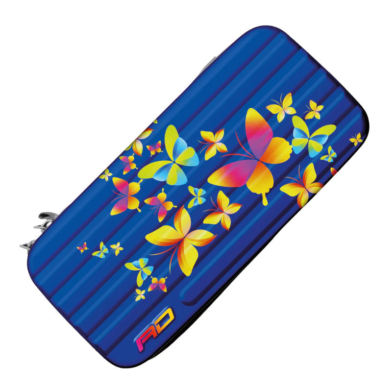 Angled view of blue dart case with multicolored butterfly pattern, hard shell design, isolated on white background.