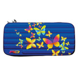Blue Monza Butterfly dart case front view, vivid multi-color butterfly print, isolated on white, dart accessory storage