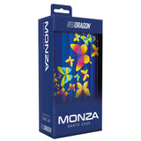 Angled view of Monza Butterfly dart case in retail packaging with vibrant butterfly artwork for dart storage