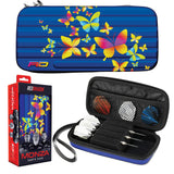 Butterfly dart case with vibrant design shown closed, in packaging, and open displaying one set of darts and accessory pockets