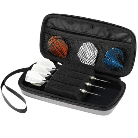 Open dart case with one set of assembled darts and extra flights in mesh pocket, angled view on white background