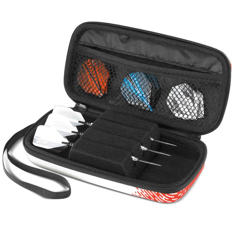 Open red and white dart case angled view showing three assembled darts in foam slots and spare flights in mesh pocket