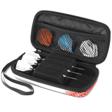 Open red and white dart case angled view showing three assembled darts in foam slots and spare flights in mesh pocket