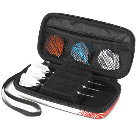 Open red and white dart case angled view showing three assembled darts in foam slots and spare flights in mesh pocket