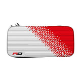 Full view of Monza red and white dart case with textured hard shell and geometric accent, isolated on white background