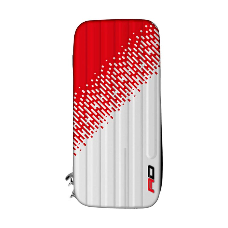 Top-down view of red and white dart case with textured pattern and zip closure, ideal for dart storage and transport