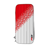 Top-down view of red and white dart case with textured pattern and zip closure, ideal for dart storage and transport