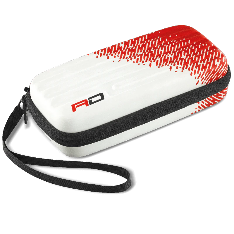 Angled view of red and white hard shell dart case with zip closure and wrist strap on white background