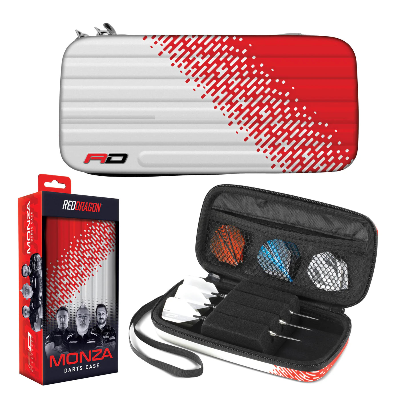 Monza red and white dart case shown closed, open with darts and flights inside, plus retail packaging, isolated on white background