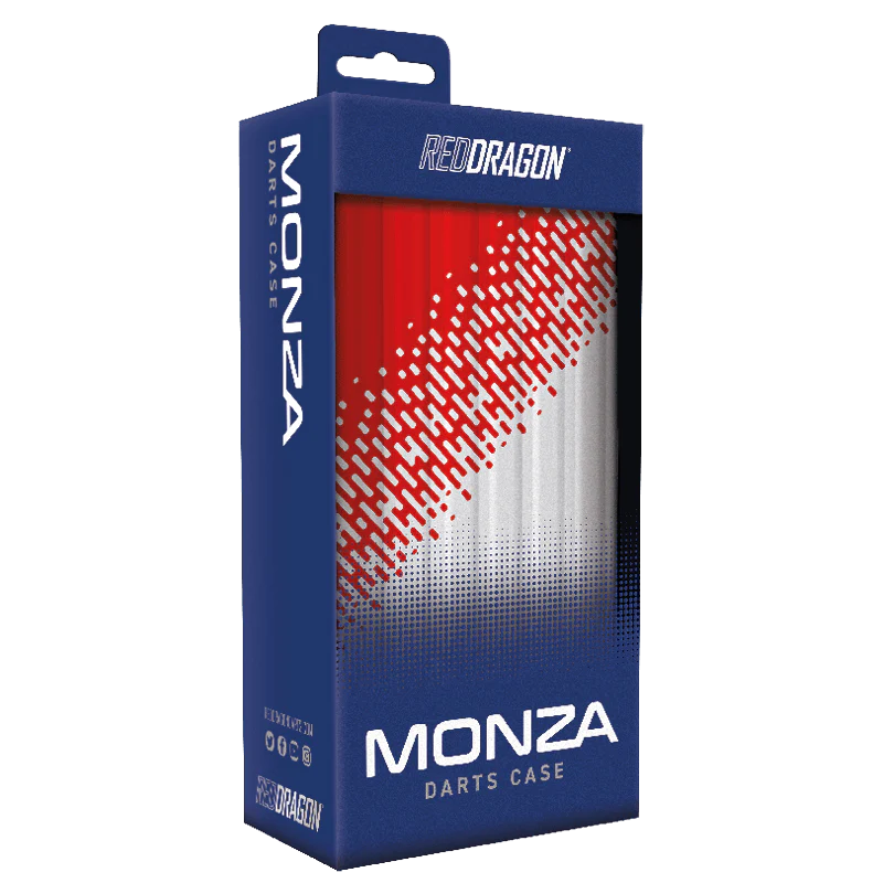 Angled retail packaging showing Monza red and white dart case with textured graphic for dart storage and accessory protection