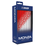 Angled retail packaging showing Monza red and white dart case with textured graphic for dart storage and accessory protection