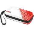 Angled view of red and white hard shell dart case with zipper and wrist strap, ideal for storing darts and accessories