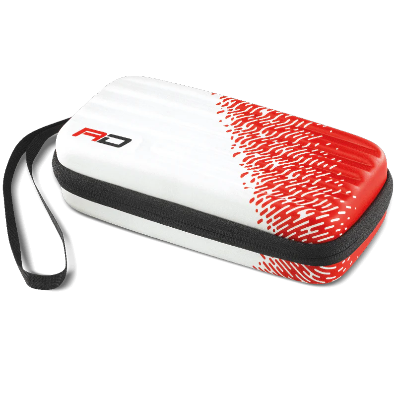 Angled view of red and white hard shell dart case with zipper and wrist strap, ideal for storing darts and accessories