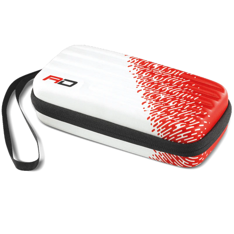 Angled view of red and white hard shell dart case with zipper and wrist strap, ideal for storing darts and accessories