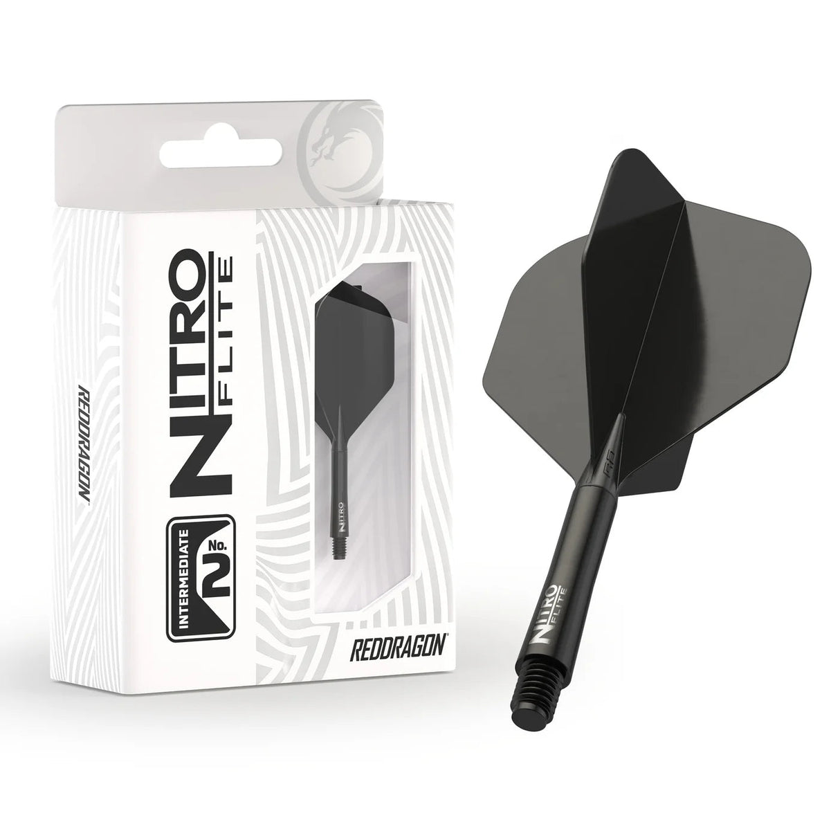 Angled view of Nitro Flite black integrated dart flight and shaft No.2 with packaging, highlighting sleek shape and threaded base