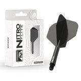 Angled view of Nitro Flite black integrated dart flight and shaft No.2 with packaging, highlighting sleek shape and threaded base