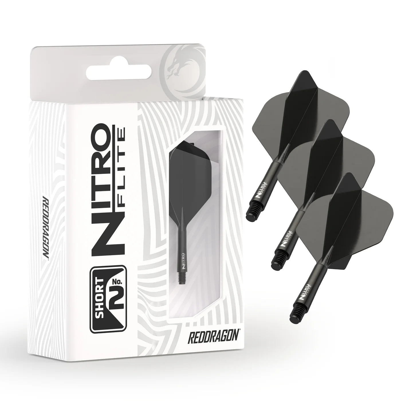 Integrated dart flights and stems set No.2 black, three pieces angled beside retail packaging, isolated on white background