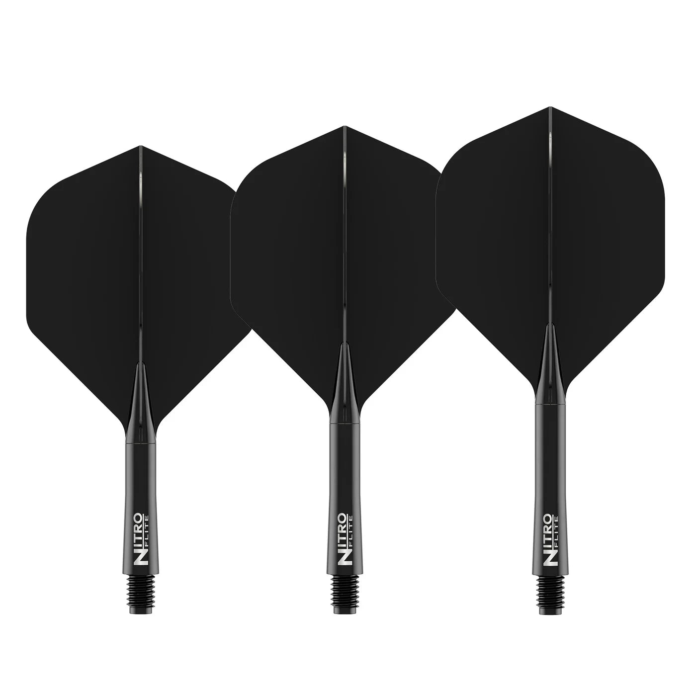 Three black integrated dart flights and shafts No.2 standard shape arranged on white background, showing Nitro Flite branding