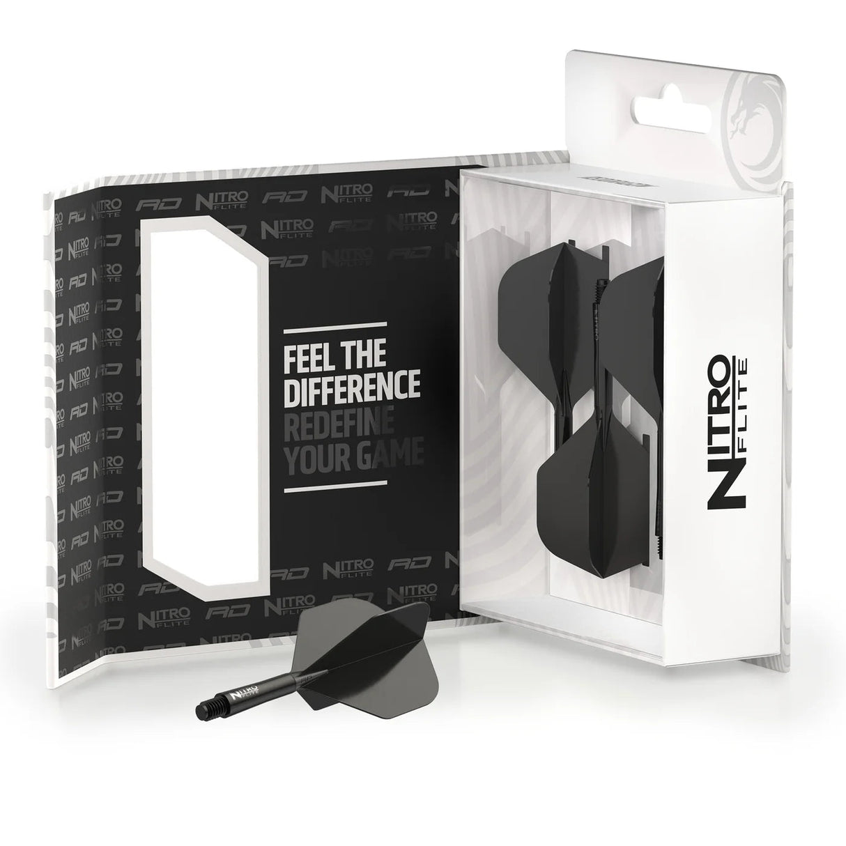 Angled view of Nitro Flite Integrated dart flights in packaging with one black No.2 flight and shaft system displayed outside