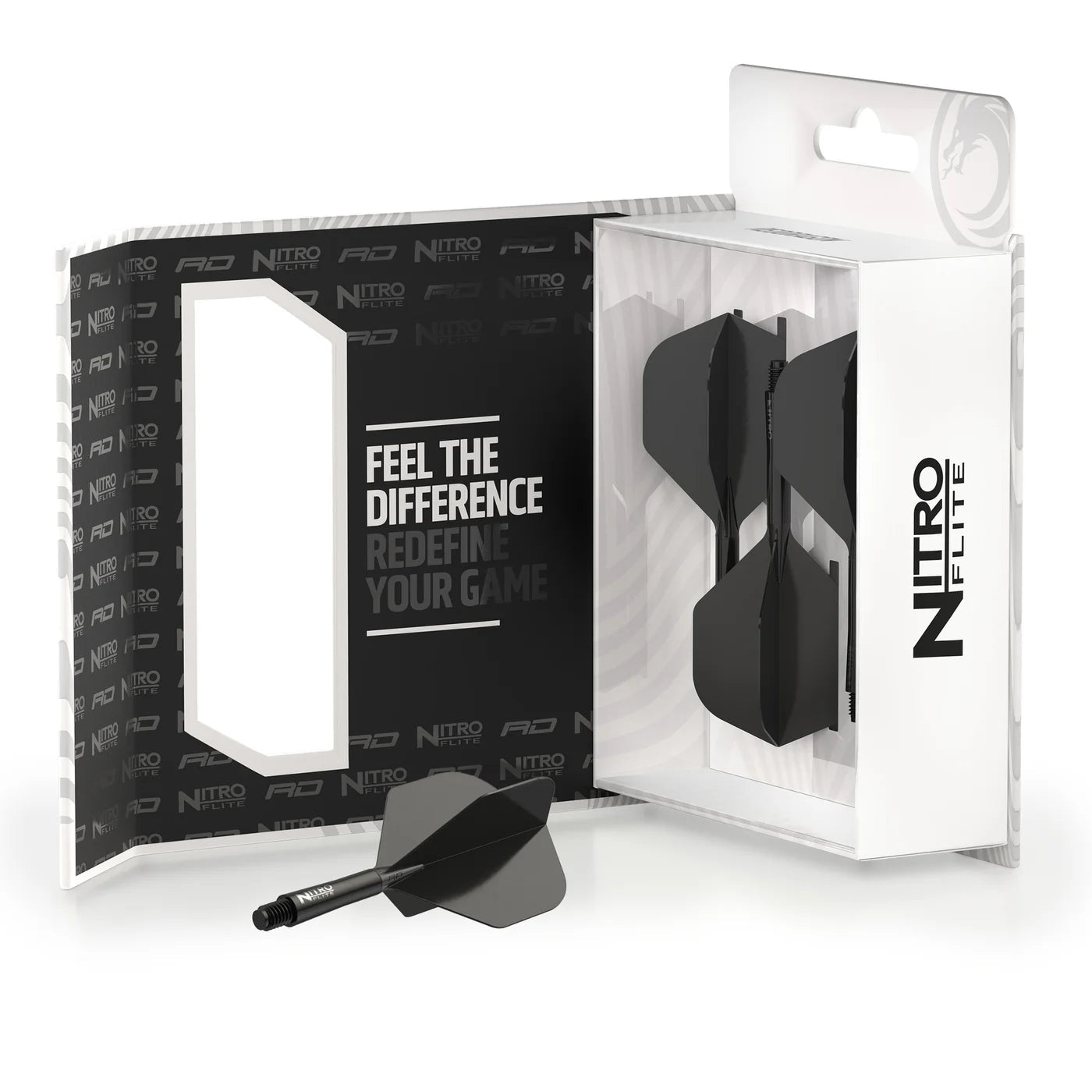 Angled view of Nitro Flite Integrated dart flights in packaging with one black No.2 flight and shaft system displayed outside