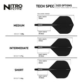 Three integrated dart flights in black on white background showing medium, intermediate, and short shaft sizes with labeled length and weight measurements
