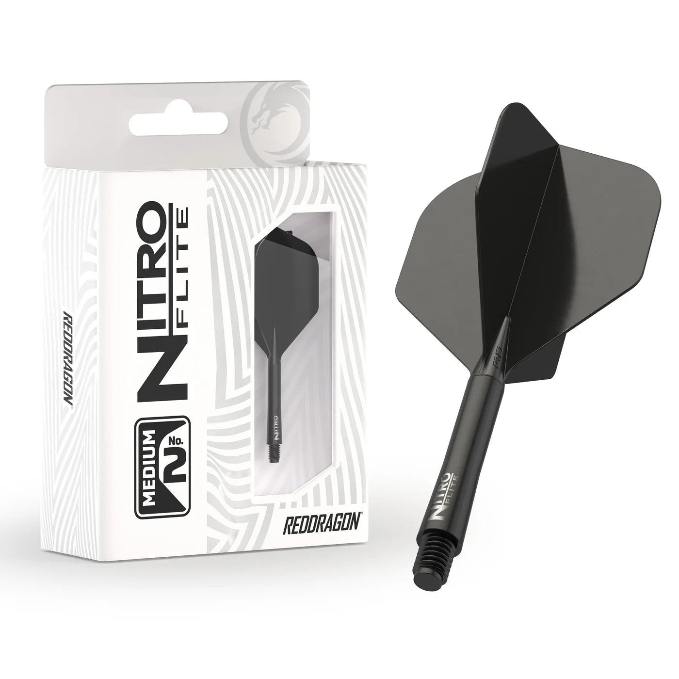 Black integrated dart flight and shaft system No.2 with medium stem shown next to retail packaging on white background