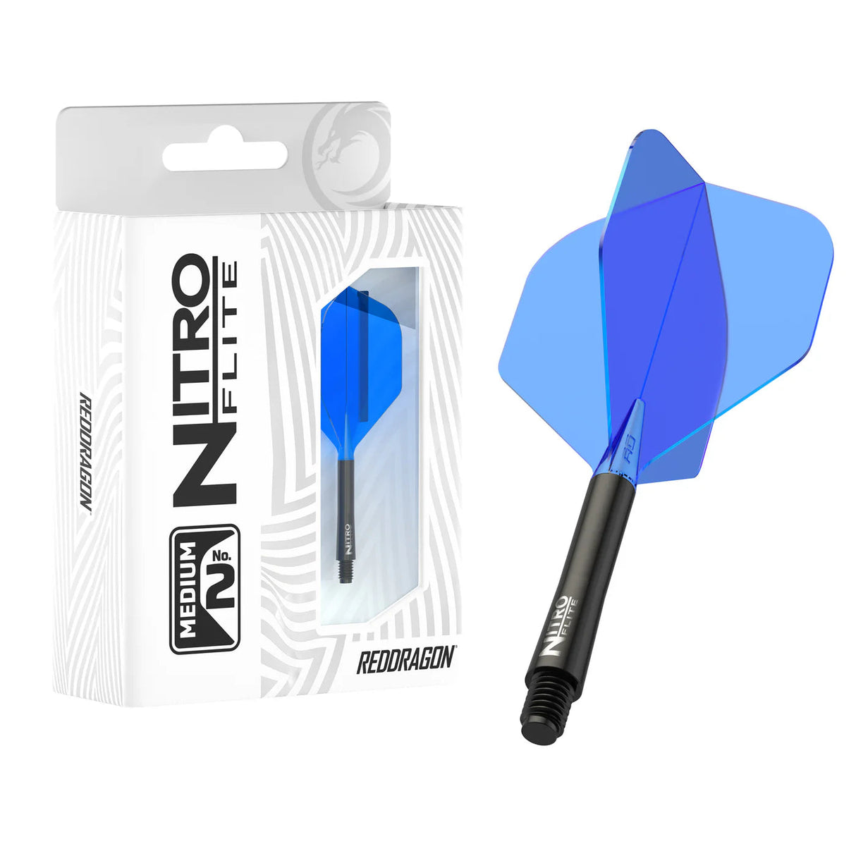 Nitro Flite Integrated dart flight system black and blue No.2 with shaft shown in packaging and standalone, medium size flights, white background