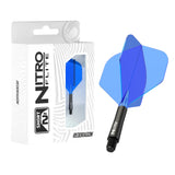 Integrated dart flight and shaft black and blue No.2, close-up next to retail packaging, clear wing shape, ideal for dart setup