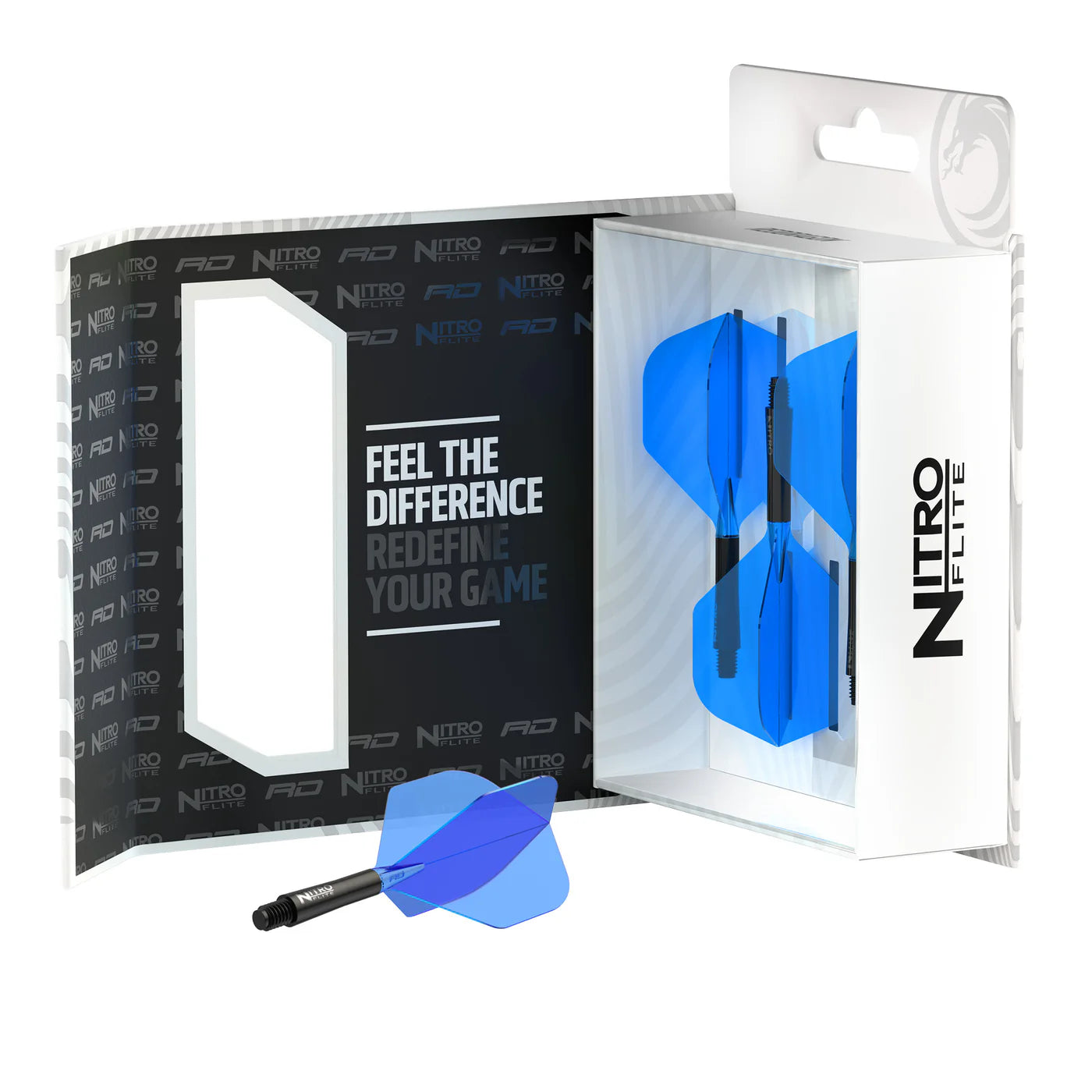 Angled view of Nitro Flite integrated flight system in packaging with one black and blue No.2 dart flight and shaft displayed separately