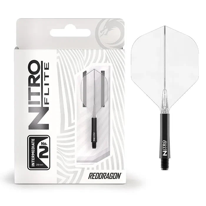 Integrated dart flight and stem system black and clear No.2, shown in retail packaging and also fully assembled on white background
