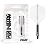 Dart flight and shaft integrated system in black and clear, shown out of packaging and in retail box, No.2 shape, medium 34mm
