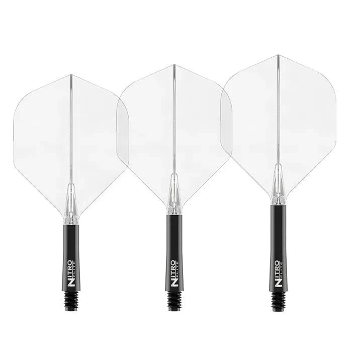 Three clear and black integrated dart flights and shafts No.2 shape, full view, arranged side by side on white background