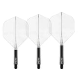 Three clear and black integrated dart flights and shafts No.2 shape, full view, arranged side by side on white background