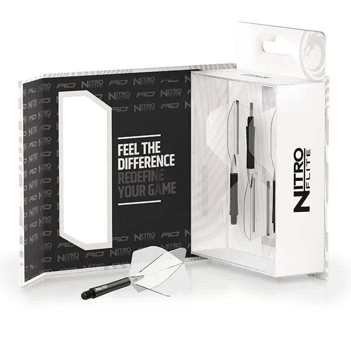 Nitro Flite integrated dart flights and stems in retail packaging with one black and clear No.2 dart shaft assembled in front