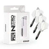 Nitro Flite integrated dart flights and shafts No.2 black and clear, retail box with three medium size dart stems on white background