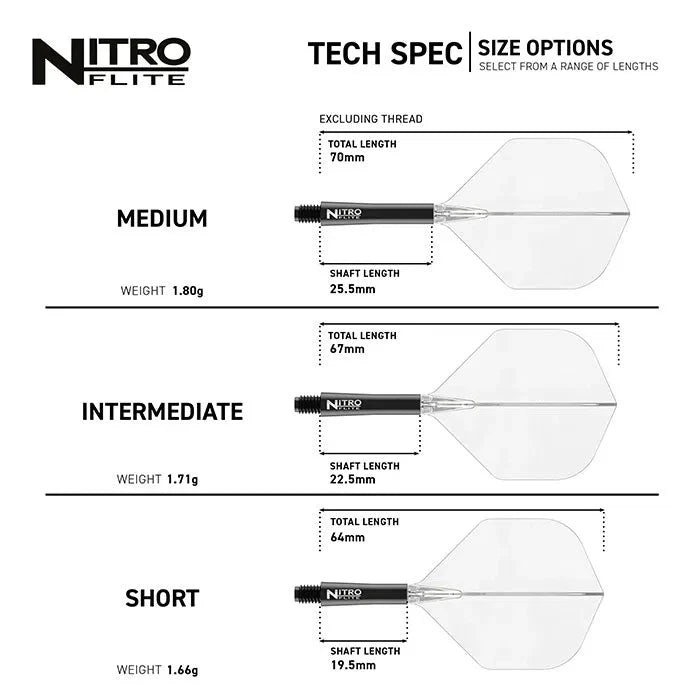 Top-down tech spec chart of three Nitro Flite integrated dart flights in medium, intermediate, and short sizes with length and shaft measurements