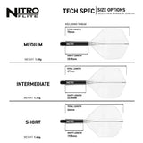 Top-down tech spec chart of three Nitro Flite integrated dart flights in medium, intermediate, and short sizes with length and shaft measurements